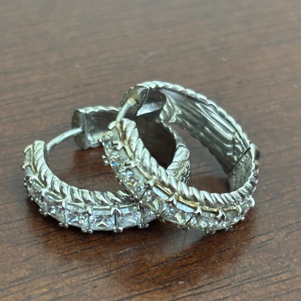 Judith Ripka Sterling Silver 925 Princess Cut Cubic Zirconia Hoop Earrings - Picture 1 of 7